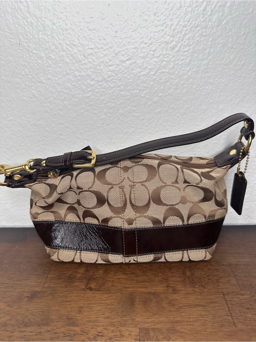 Vintage Y2K Coach Brown Signature Canvas Shoulder Bag with Dark Brown Leather
